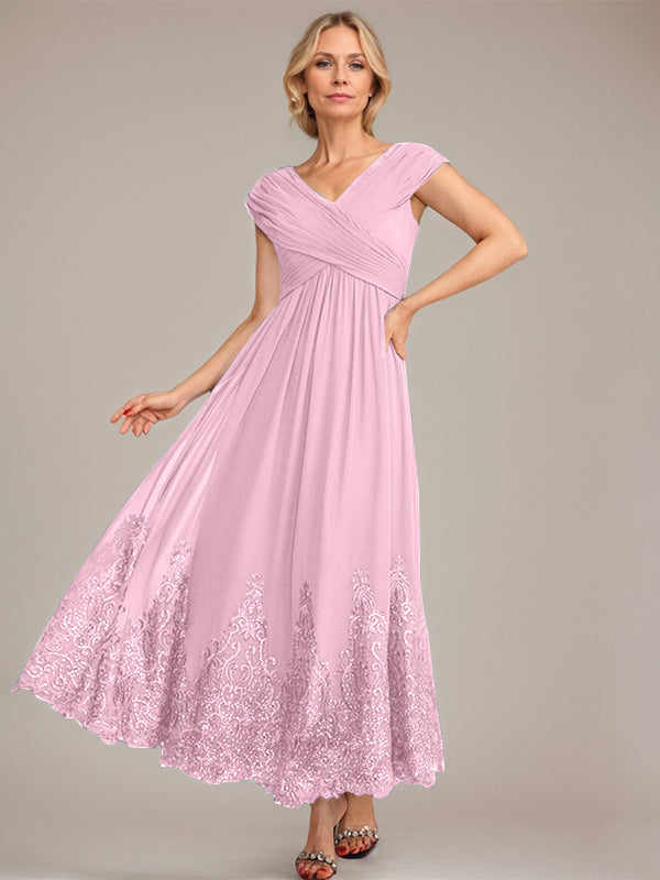 A-Line V-Neck Chiffon Mother of the Bride Dress with Appliqué and Sequins, Ankle-Length