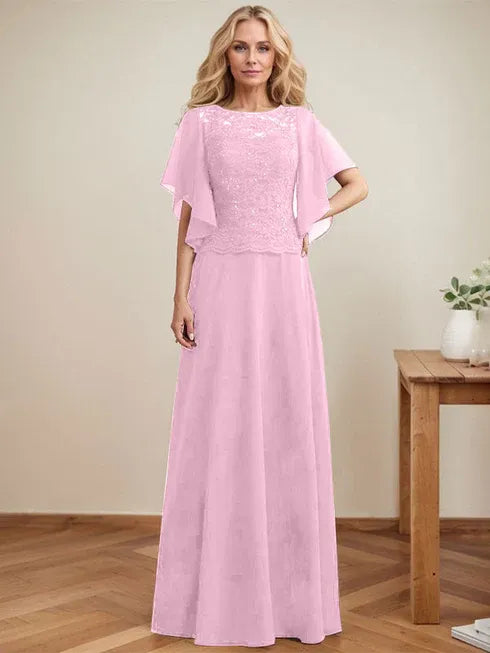 A-Line Scoop Neck Illusion Floor-Length Lace Chiffon Mother of the Bride Dress with Sequins