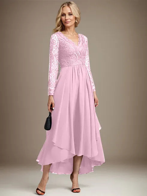 A-Line V-Neck Asymmetrical Lace Chiffon Mother of the Bride Dress
