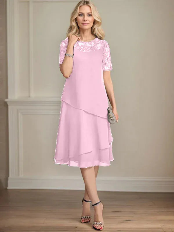 A-Line Scoop Neck Illusion Knee-Length Lace Chiffon Mother of the Bride Dress with Sequins
