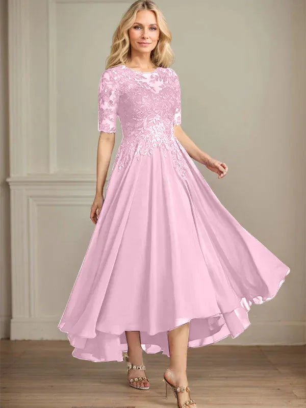 A-Line Scoop Neck Illusion Asymmetrical Chiffon and Lace Mother of the Bride Dress with Sequins