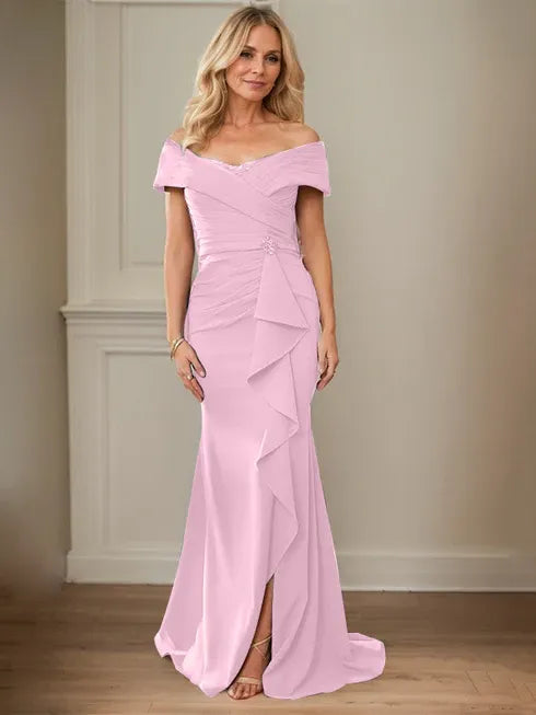 Floor-Length Lace and Chiffon Mother of the Bride Dress with Sheath/Column V-Neck Illusion and Pleated Sequins