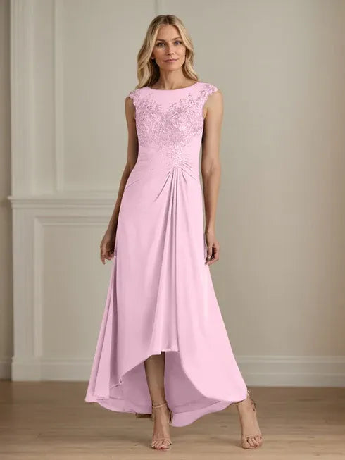 Champagne A-Line Lace and Chiffon Scoop Neck Dress