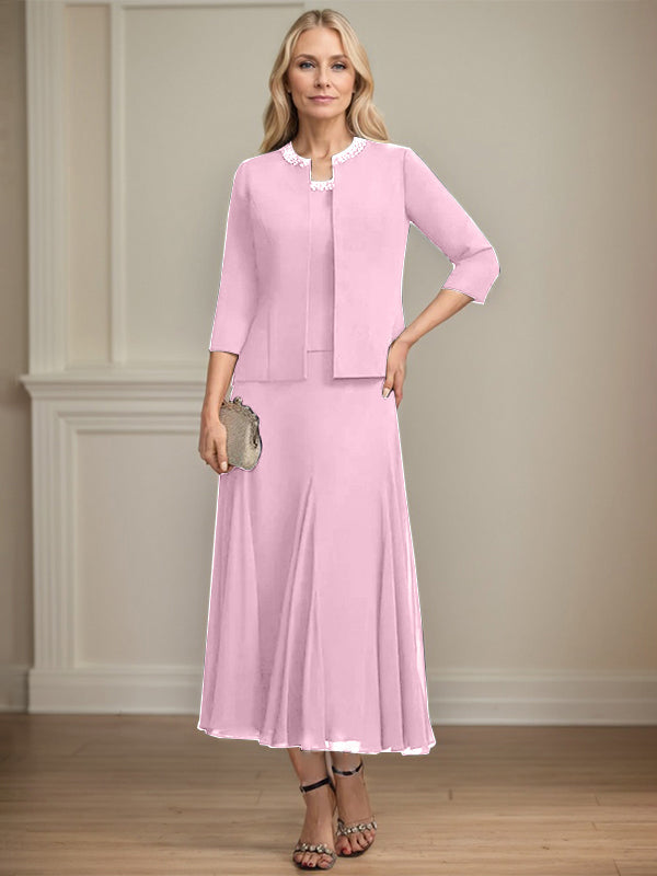 A-line Scoop Tea-Length Chiffon Mother of the Bride Dress with Sequins and Beading Separates