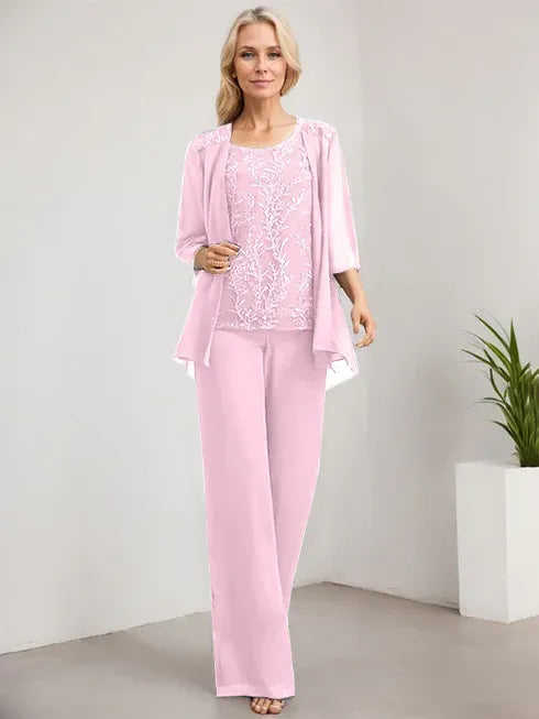 Floor-Length Lace Chiffon Mother of the Bride Jumpsuit/Pantsuit with Scoop Neck and Sequins
