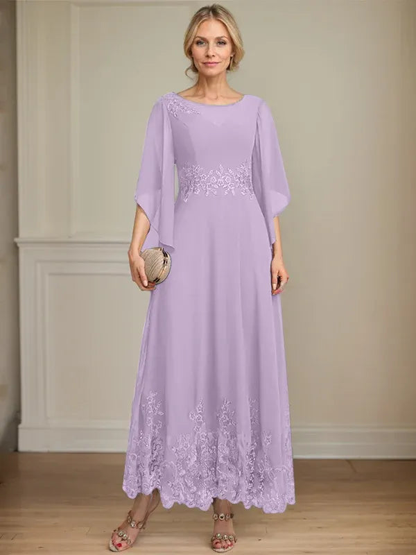 A-Line Scoop Neck Illusion Lace Chiffon Mother of the Bride Dress with Sequins and Ankle-Length Hem