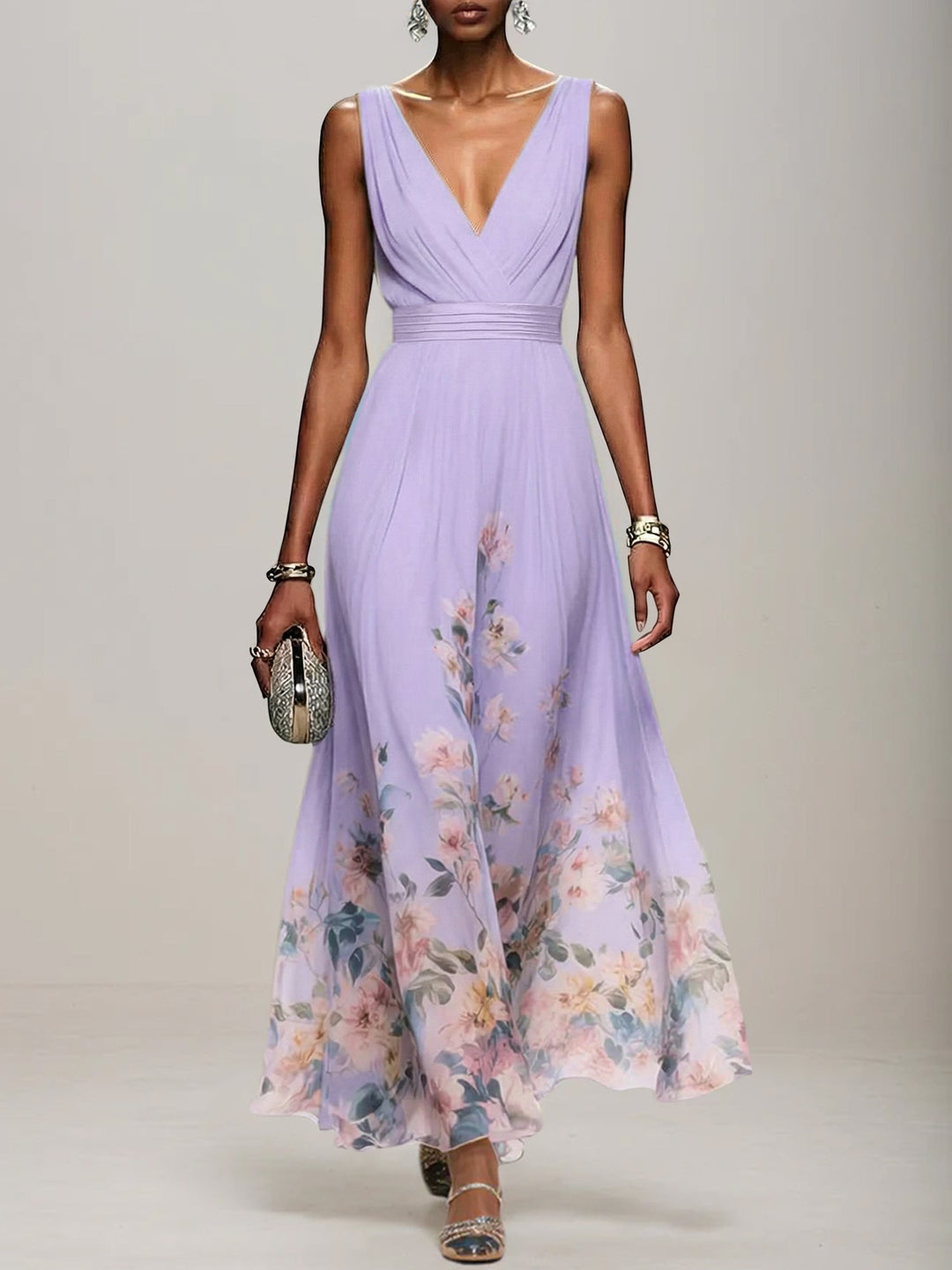 Light Blue Floral Chiffon V-Neck Sleeveless A-Line Maxi Dress