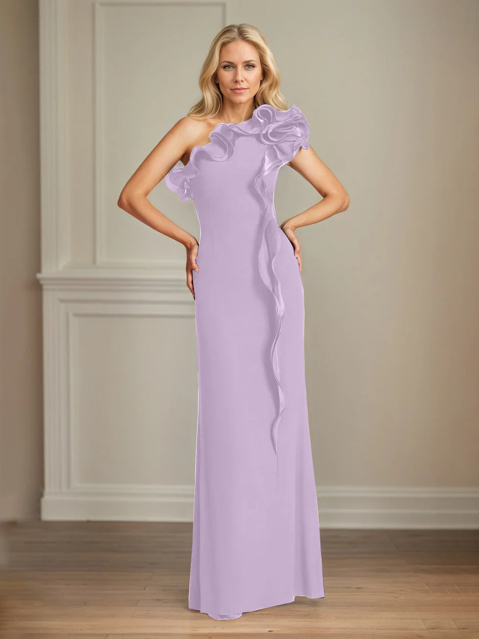 Navy Stretch Crepe One-Shoulder Sheath Dress with Ruffles – Floor-Length Mother of the Bride Gown