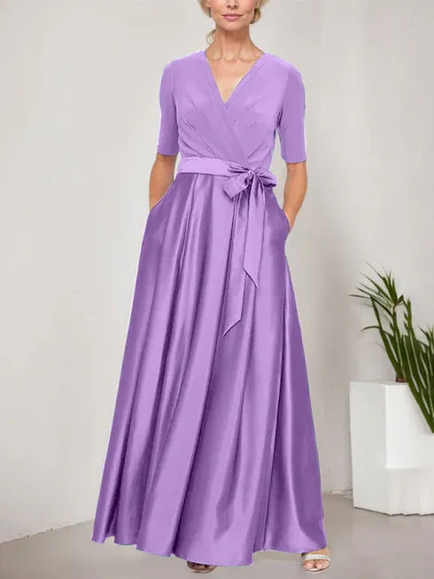 Surplice Neckline Ballgown with Full Satin Skirt and Jersey Bodice