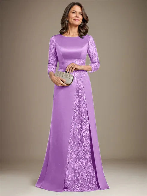 Floor-Length A-Line Lace Satin Mother of the Bride Dress with Scoop Neck and Applique