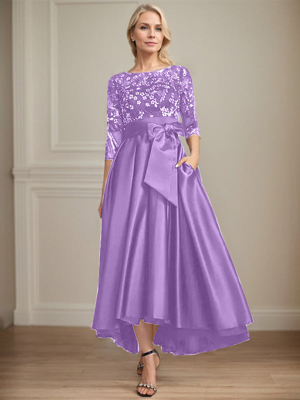 A-Line Scoop Neck Illusion Asymmetrical Satin Lace Mother of the Bride Dress with Bow