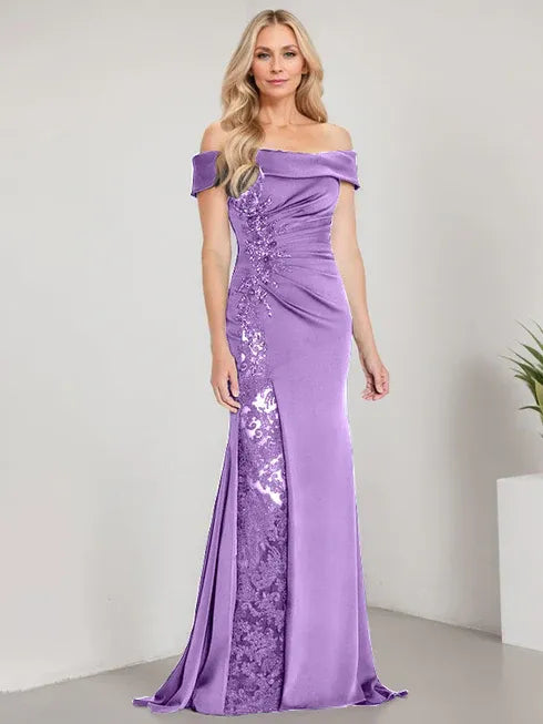 A-Line Off-the-Shoulder Floor-Length Mother of the Bride Dress with Appliqué Beadings and Mermaid Silhouette Featuring a High Split