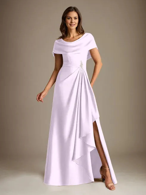 A-Line Scoop Neck Floor-Length Stretch Satin Mother of the Bride Dress with Cascading Ruffles