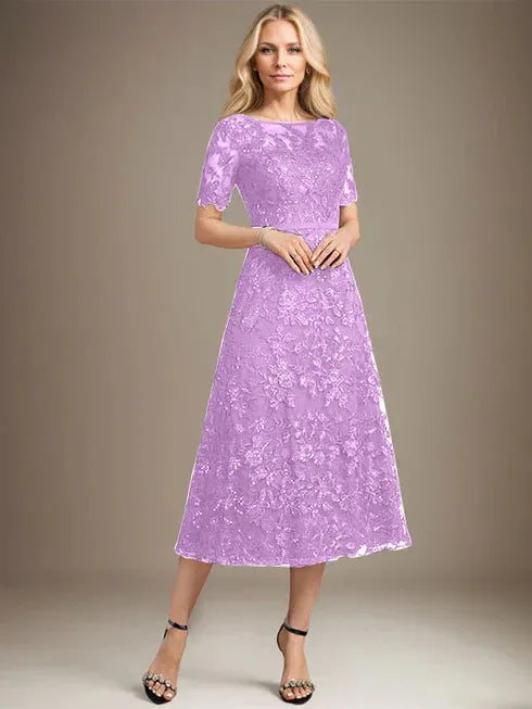 A-Line Scoop Neck Illusion Tea-Length Lace Mother of the Bride Dress with Sequins