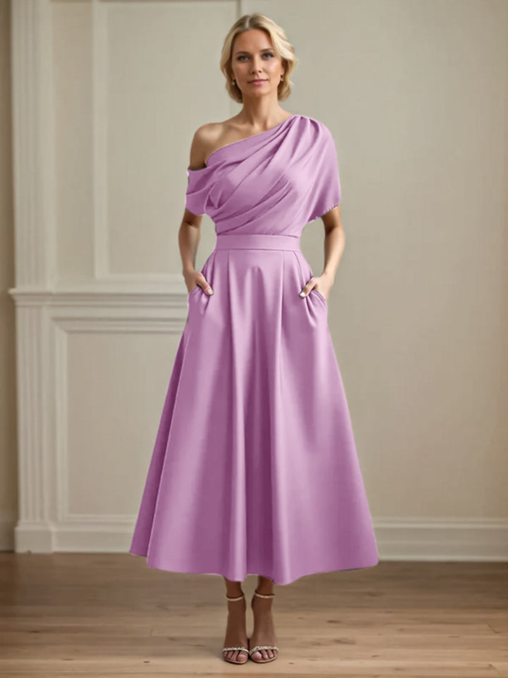 One-Shoulder Satin A-Line Pleated Ankle-Length Mother of the Bride Dress