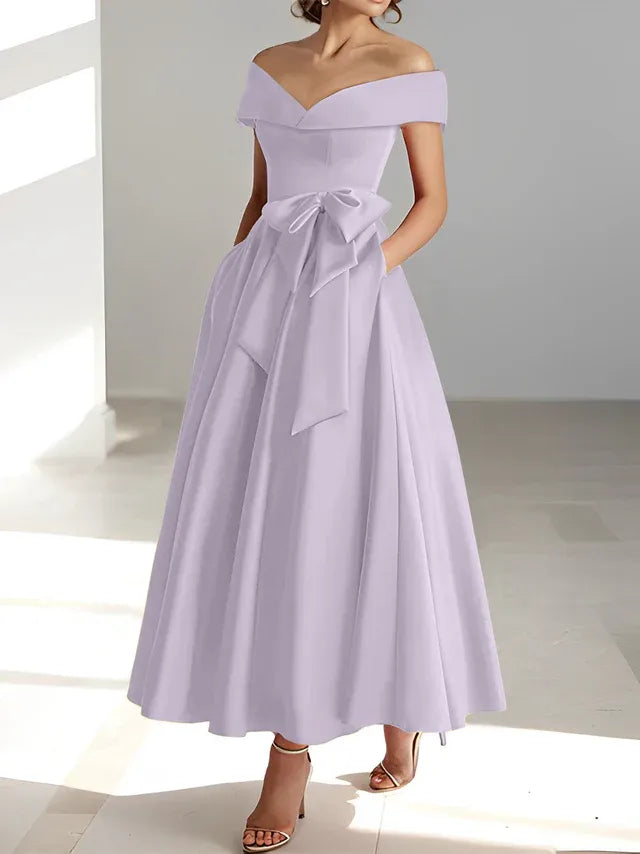 A-Line Off-the-Shoulder Sleeveless Ankle-Length Mother of the Bride Dress with Pockets