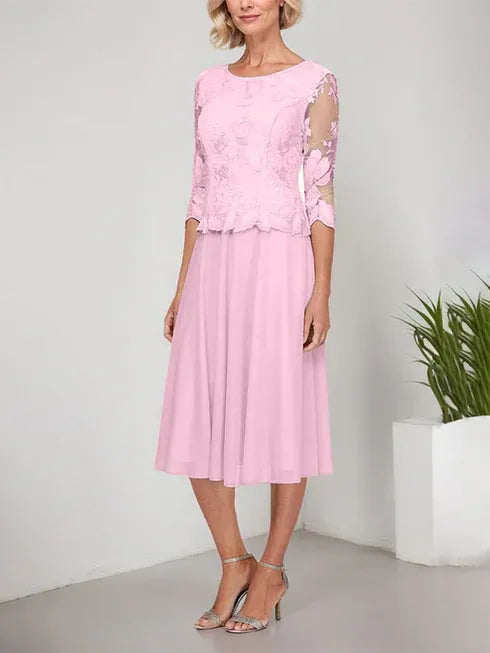 A-Line Scoop Neck Tea-Length Lace Chiffon Mother of the Bride Dress with Embroidery