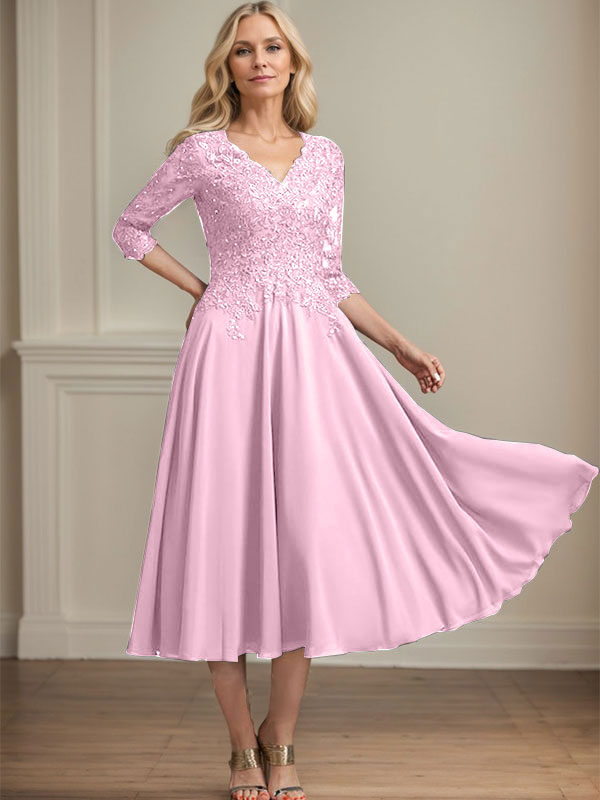 A-Line V-Neck Tea-Length Chiffon and Lace Mother of the Bride Dress with Beading and Sequins