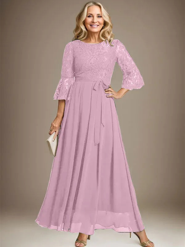 A-Line Scoop Neck Ankle-Length Lace Chiffon Mother of the Bride Dress with Bow