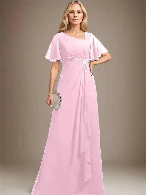 A-Line Asymmetrical Floor-Length Chiffon Mother of the Bride Dress with Pleated Beading and Sequins
