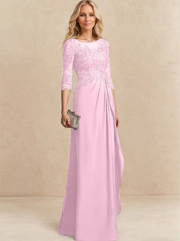 A-Line Scoop Illusion Floor-Length Chiffon and Lace Mother of the Bride Dress with Beading, Sequins, and Cascading Ruffles