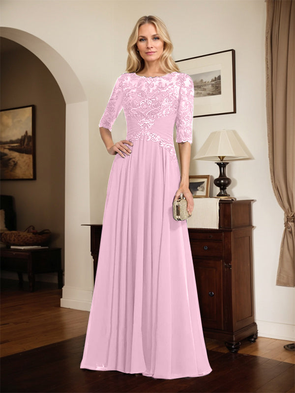 A-Line Scoop Neck Illusion Floor-Length Chiffon and Lace Mother of the Bride Dress with Pleated Sequins