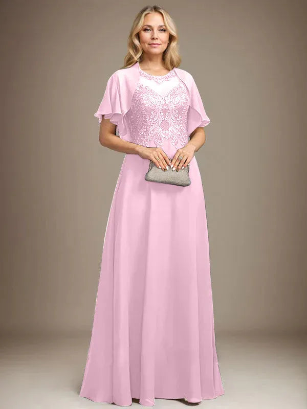 A-Line Scoop Neck Illusion Floor-Length Lace Chiffon Mother of the Bride Dress with Sequins