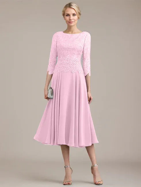 A-Line Scoop Neck Tea-Length Lace Chiffon Mother of the Bride Dress