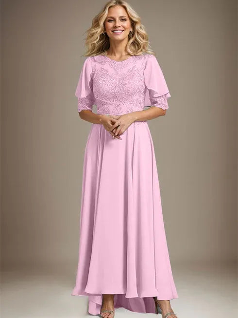 A-Line Scoop Neck Illusion Asymmetrical Chiffon and Lace Mother of the Bride Dress with Beading