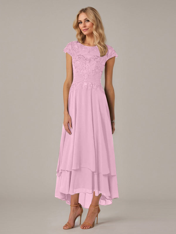 A-Line Boat Neck Illusion Asymmetrical Chiffon Lace Mother of the Bride Dress with Applique and Pleats