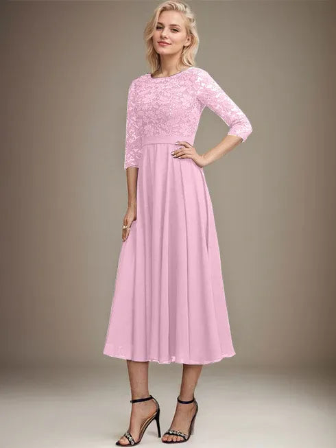 A-Line Scoop Neck Tea-Length Lace Chiffon Mother of the Bride Dress with Sequins