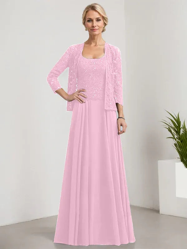 A-Line Square Neck Floor-Length Lace and Chiffon Mother of the Bride Dress with Sequins