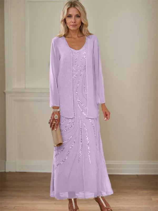 V-Neck Sheath/Mother of the Bride Ankle-Length Dress with Jacket & Sequins