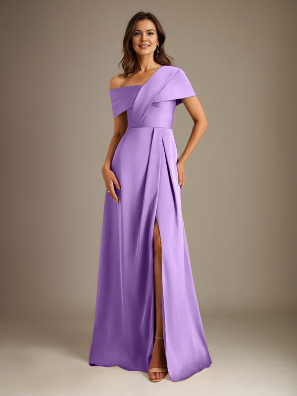 A-Line Satin Mother of the Bride Dress with Asymmetrical Neckline, Floor-Length, and Pleated Design