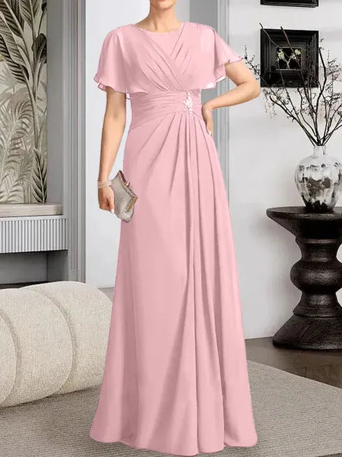 A-Line Scoop Neck Floor-Length Chiffon Mother of the Bride Dress with Pleated Beading