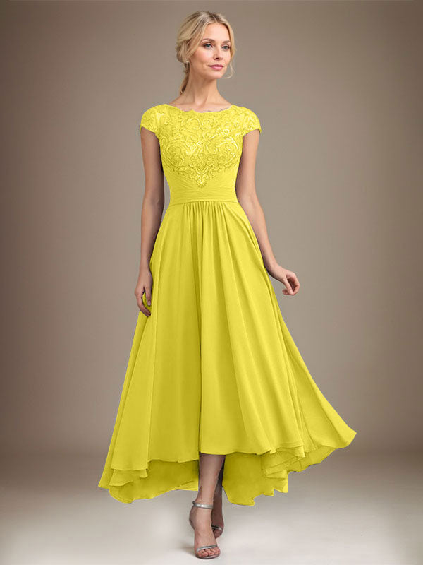 A-Line Scoop Neck Illusion Asymmetrical Lace Chiffon Mother of the Bride Dress with Pleats