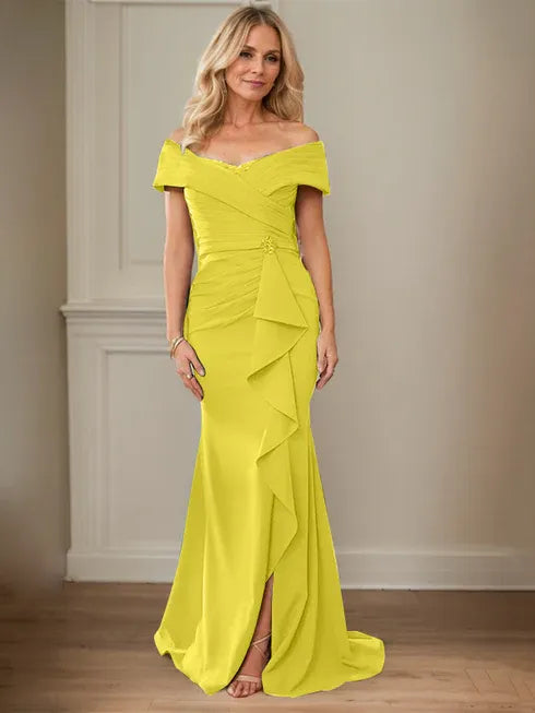 Floor-Length Lace and Chiffon Mother of the Bride Dress with Sheath/Column V-Neck Illusion and Pleated Sequins