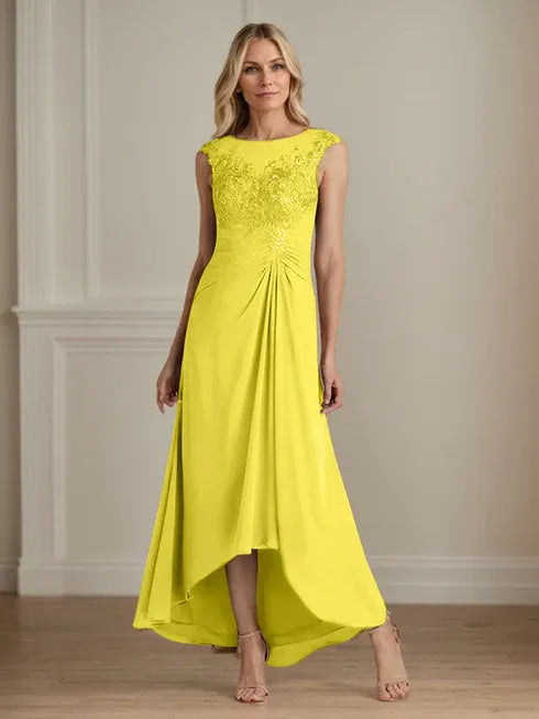 Champagne A-Line Lace and Chiffon Scoop Neck Dress