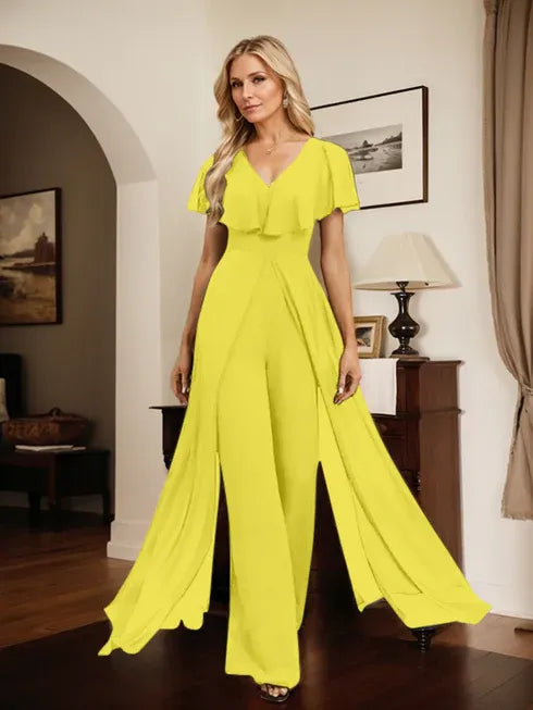 Jumpsuit/Pantsuit V-Neck Floor-Length Chiffon Evening Dress