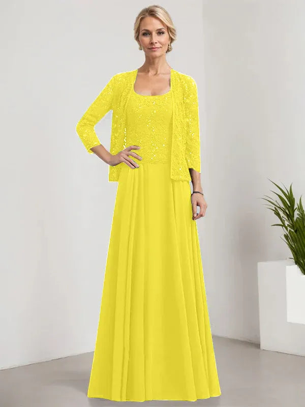 A-Line Square Neck Floor-Length Lace and Chiffon Mother of the Bride Dress with Sequins