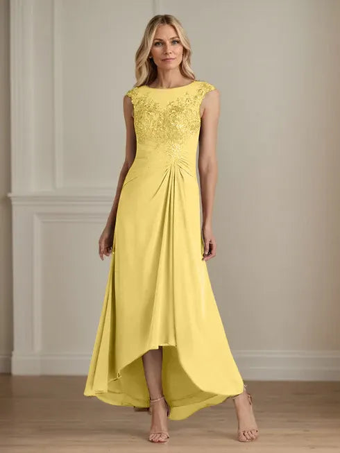 Champagne A-Line Lace and Chiffon Scoop Neck Dress