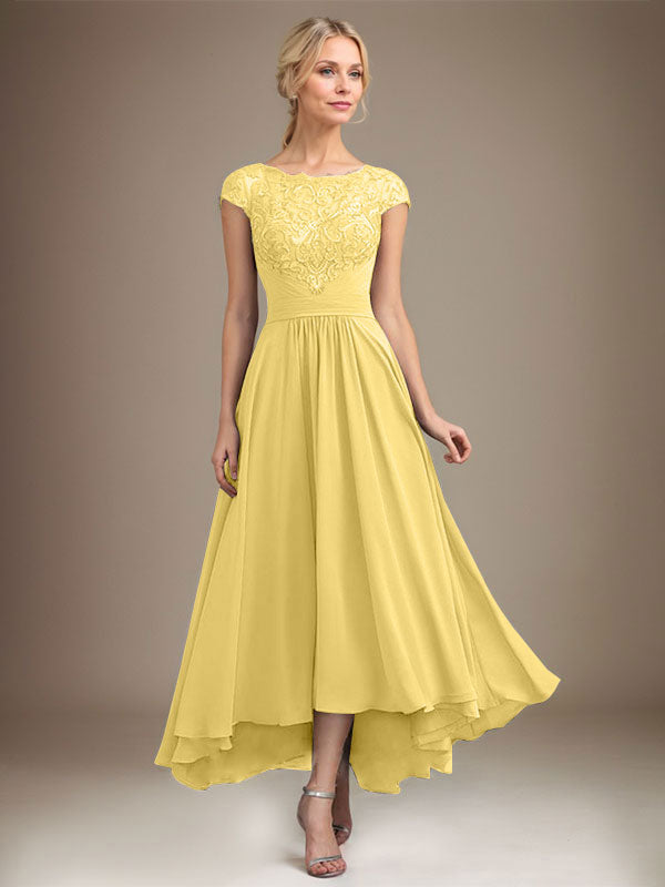 A-Line Scoop Neck Illusion Asymmetrical Lace Chiffon Mother of the Bride Dress with Pleats