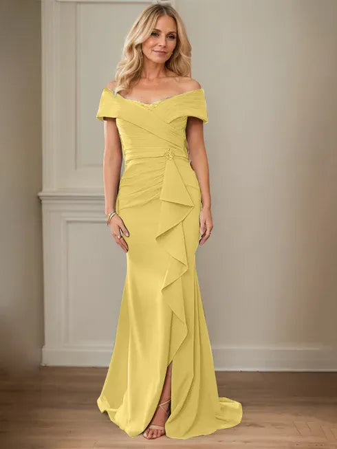Floor-Length Lace and Chiffon Mother of the Bride Dress with Sheath/Column V-Neck Illusion and Pleated Sequins