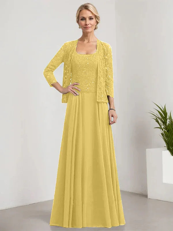 A-Line Square Neck Floor-Length Lace and Chiffon Mother of the Bride Dress with Sequins