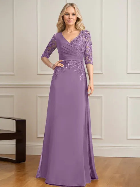 A-Line V-Neck Floor-Length Lace and Chiffon Mother of the Bride Dress with Pleated Sequins