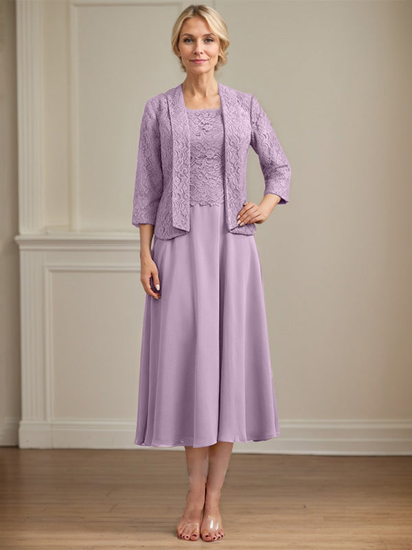A-Line Scoop Neck Tea-Length Lace Chiffon Mother of the Bride Dress