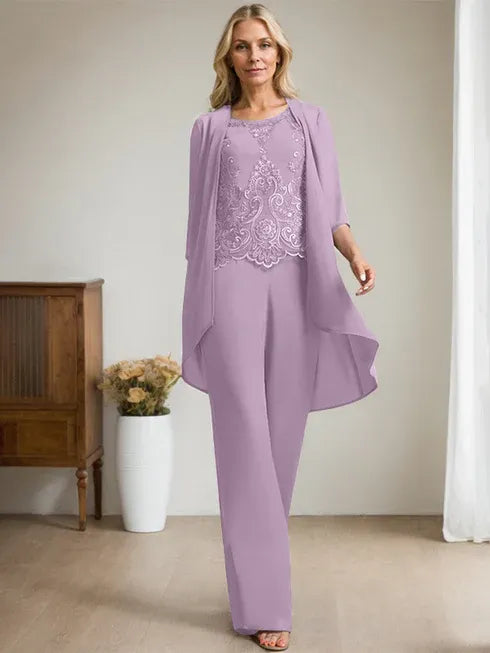Floor-Length Chiffon Lace Mother of the Bride Jumpsuit/Pantsuit with Scoop Neck, Beading, and Sequins