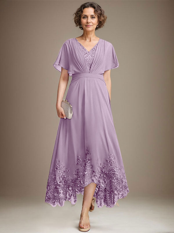 A-Line V-Neck Asymmetrical Lace Chiffon Mother of the Bride Dress with Pleats