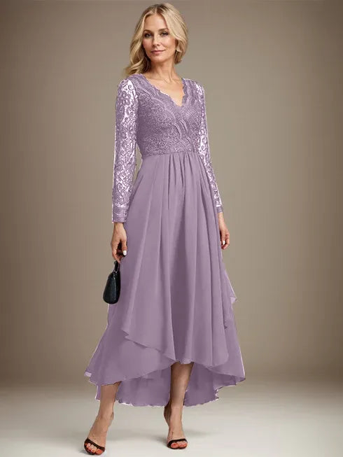 A-Line V-Neck Asymmetrical Lace Chiffon Mother of the Bride Dress