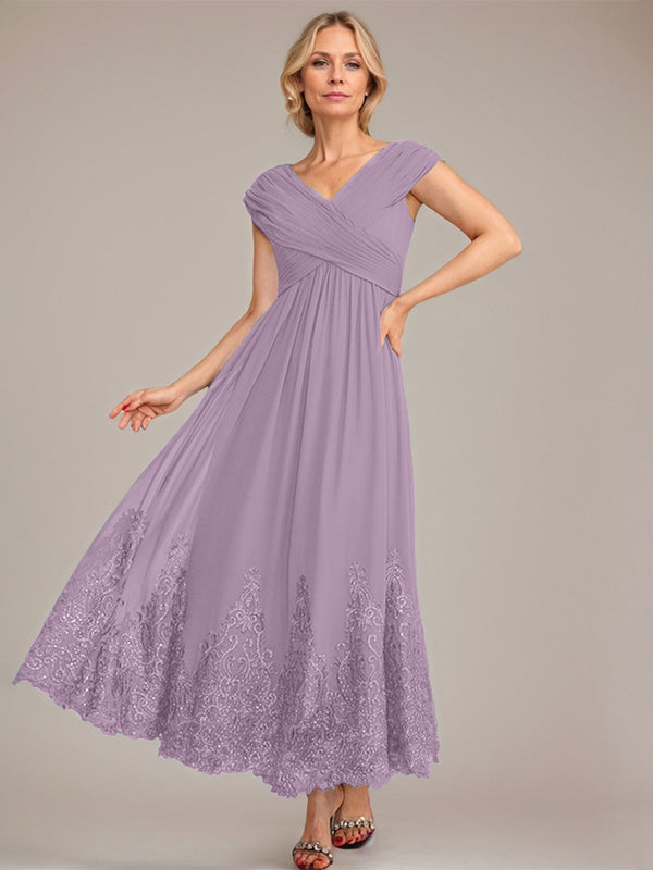 A-Line V-Neck Chiffon Mother of the Bride Dress with Appliqué and Sequins, Ankle-Length